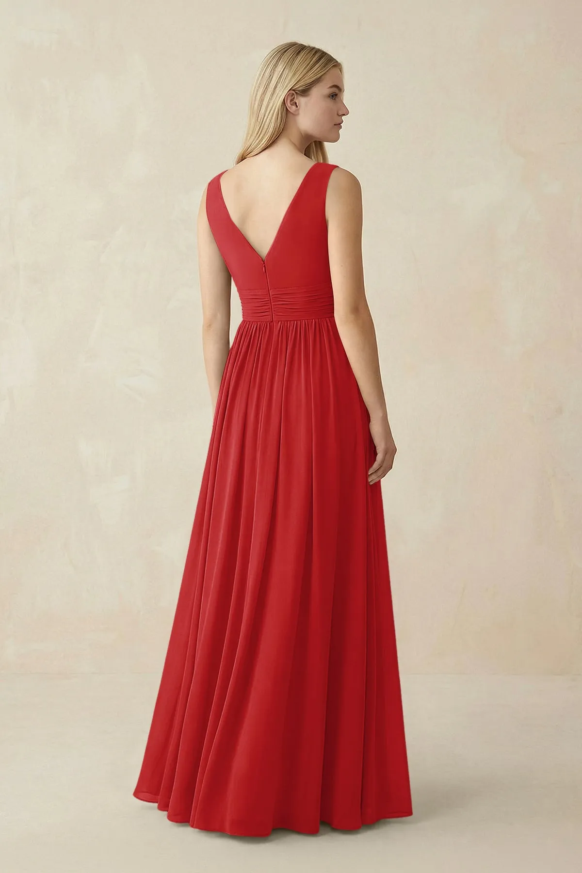 V-Neck Chiffon Pleated A-Line Bridesmaid Dress in Ruby Red sold by KissProm product image thumbnail 2