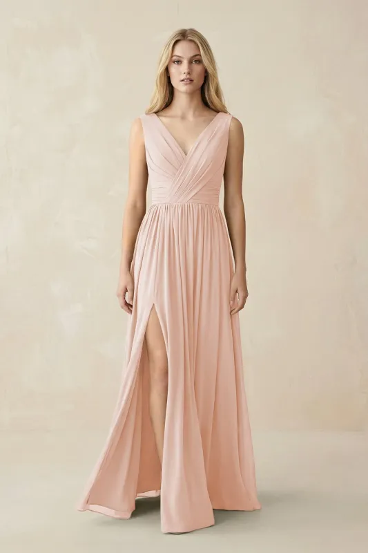 V-Neck Chiffon Pleated A-Line Bridesmaid Dress in Pale Blush made by KissProm