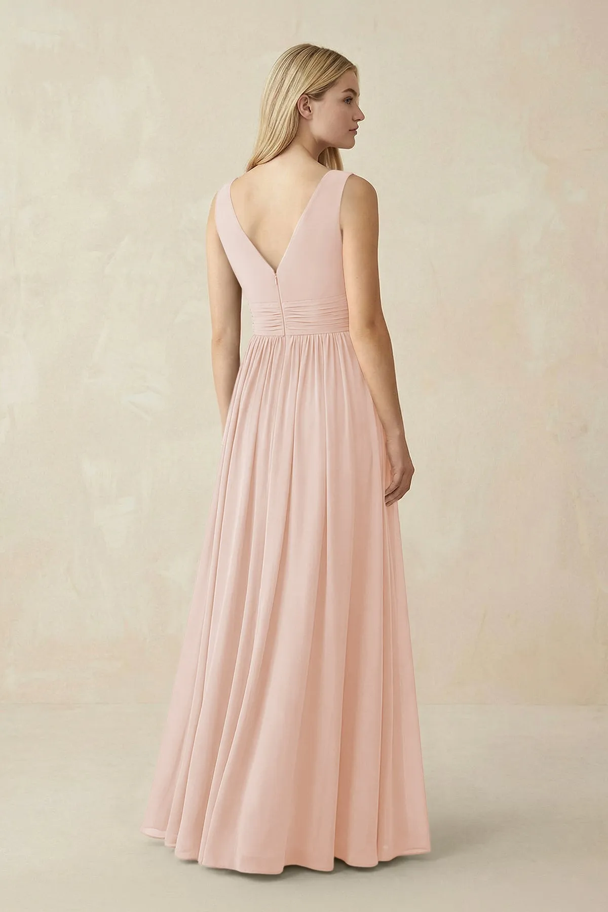 V-Neck Chiffon Pleated A-Line Bridesmaid Dress in Pale Blush sold by KissProm product image thumbnail 2