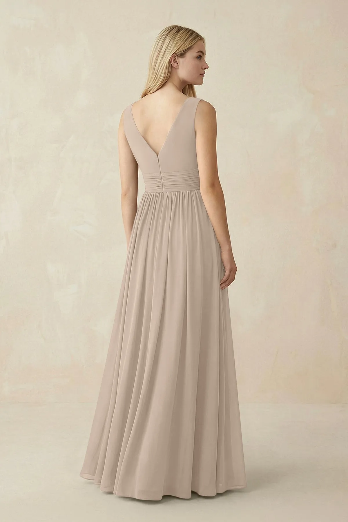 V-Neck Chiffon Pleated A-Line Bridesmaid Dress in Almond sold by KissProm product image thumbnail 2