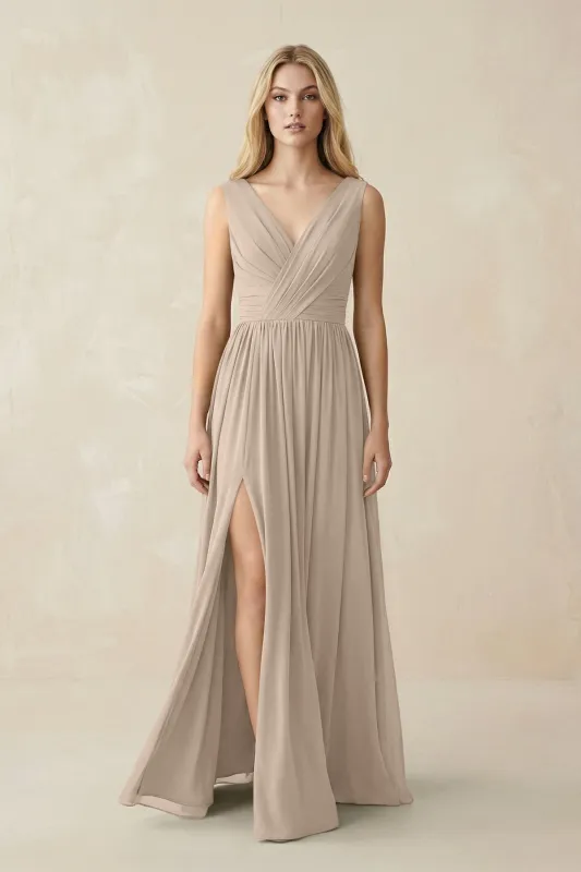 V-Neck Chiffon Pleated A-Line Bridesmaid Dress in Almond made by KissProm