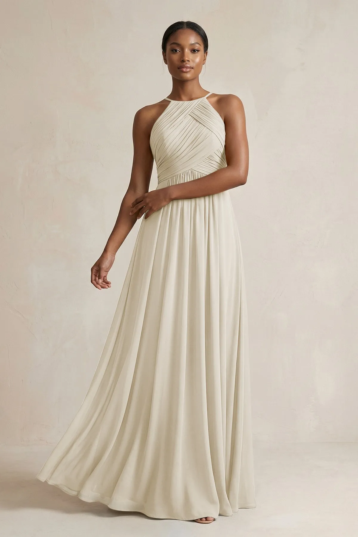 Halter Pleated Chiffon A-Line Bridesmaid Dress in Dove Gray sold by KissProm