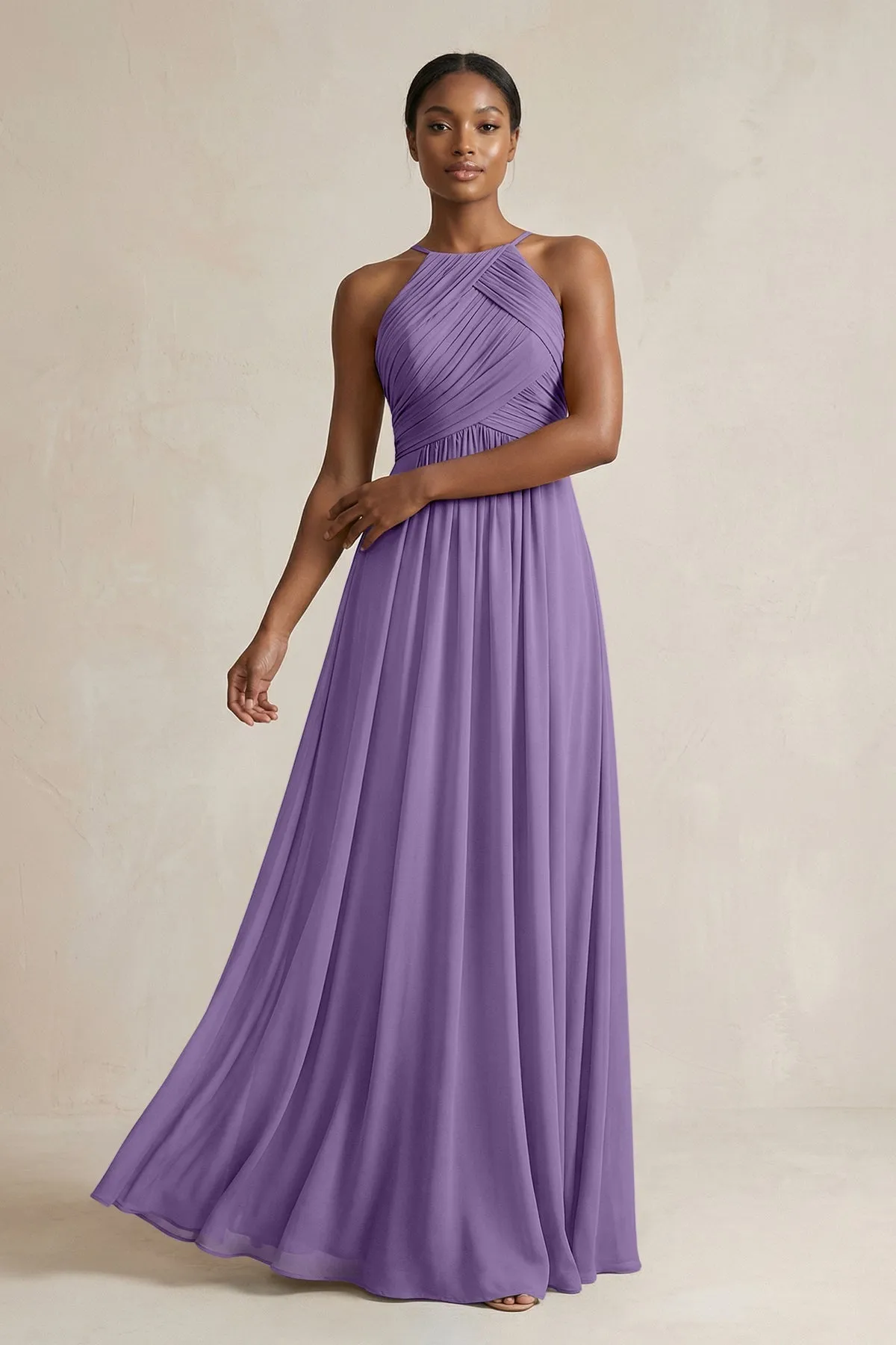 Halter Pleated Chiffon A-Line Bridesmaid Dress in Tahiti sold by KissProm