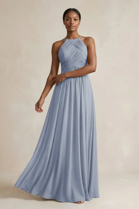 Halter Pleated Chiffon A-Line Bridesmaid Dress in Twilight made by KissProm