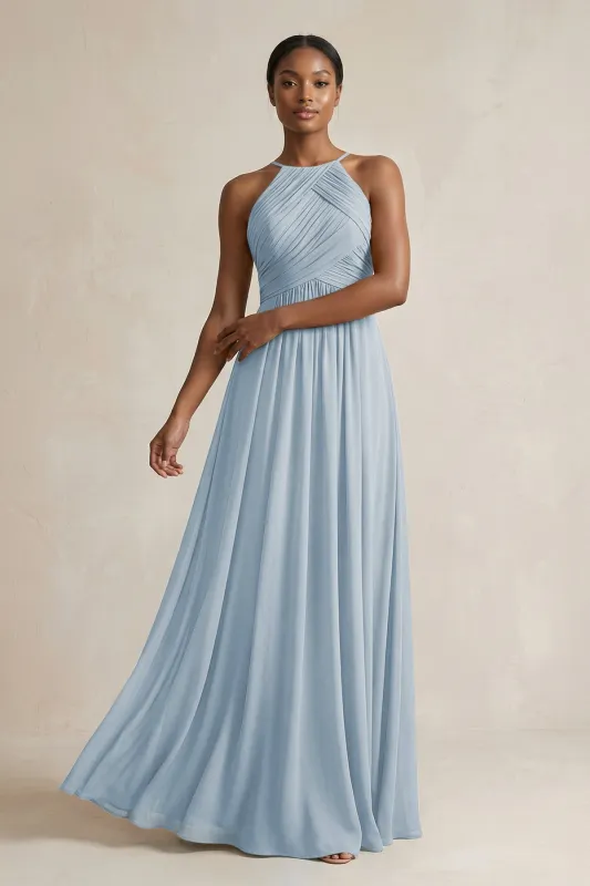 Halter Pleated Chiffon A-Line Bridesmaid Dress in Dusty Blue made by KissProm