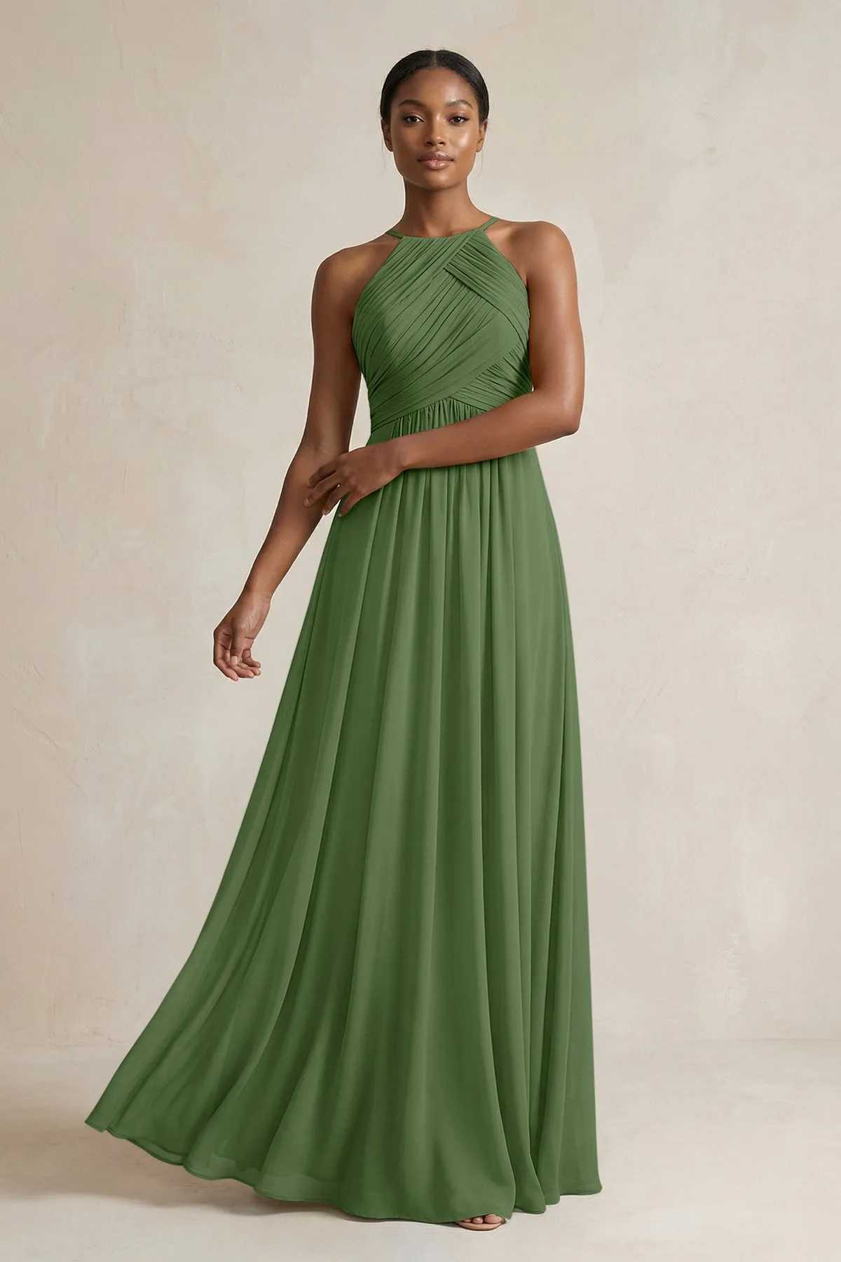 Halter Pleated Chiffon A-Line Bridesmaid Dress in Moss sold by KissProm