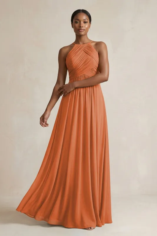 Halter Pleated Chiffon A-Line Bridesmaid Dress in Terracotta made by KissProm