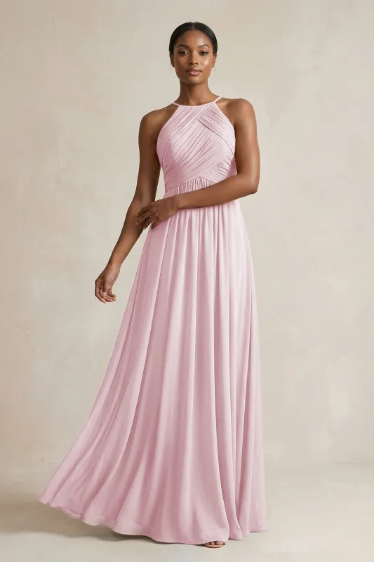Halter Pleated Chiffon A-Line Bridesmaid Dress in Candy Pink made by KissProm