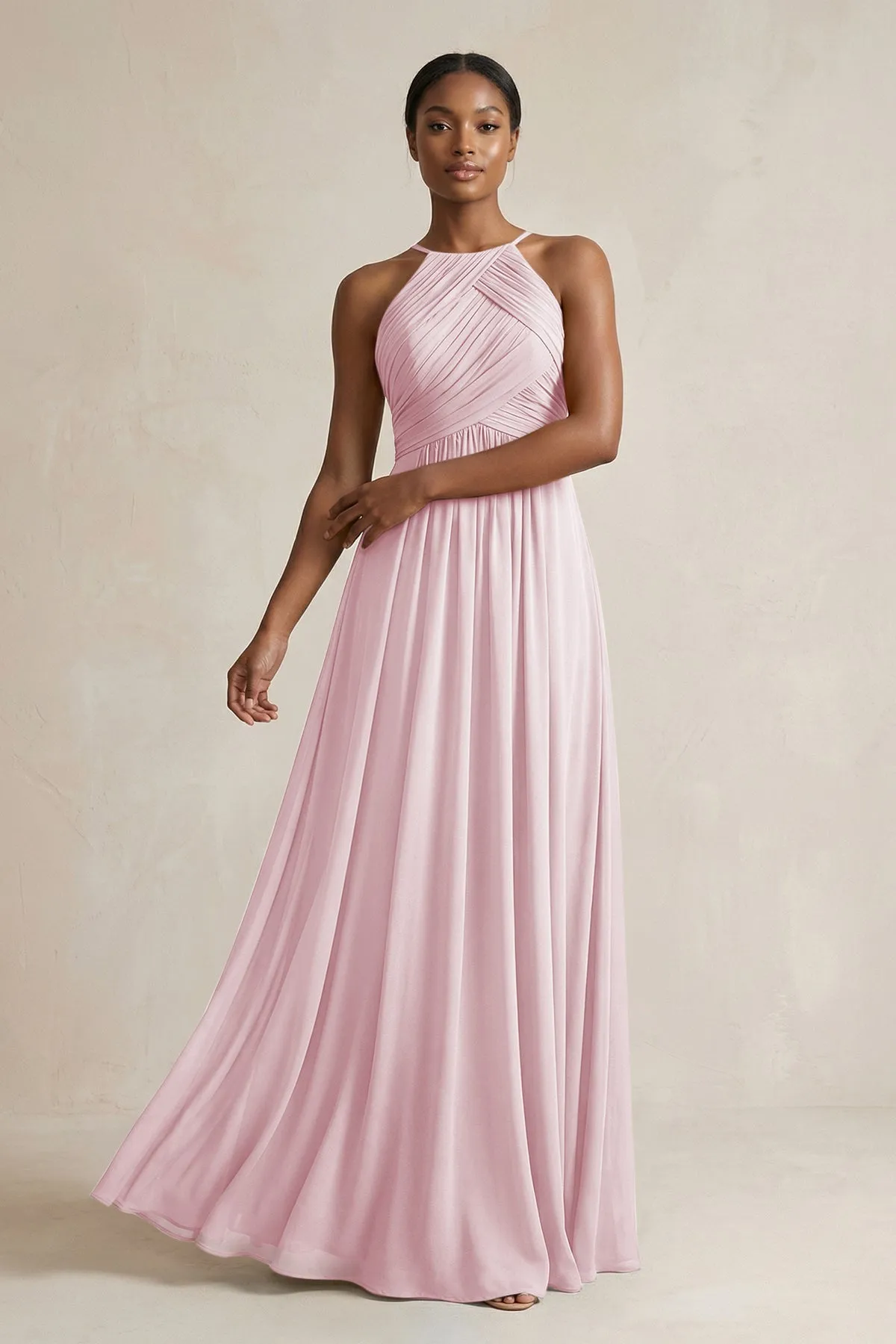 Halter Pleated Chiffon A-Line Bridesmaid Dress in Candy Pink sold by KissProm