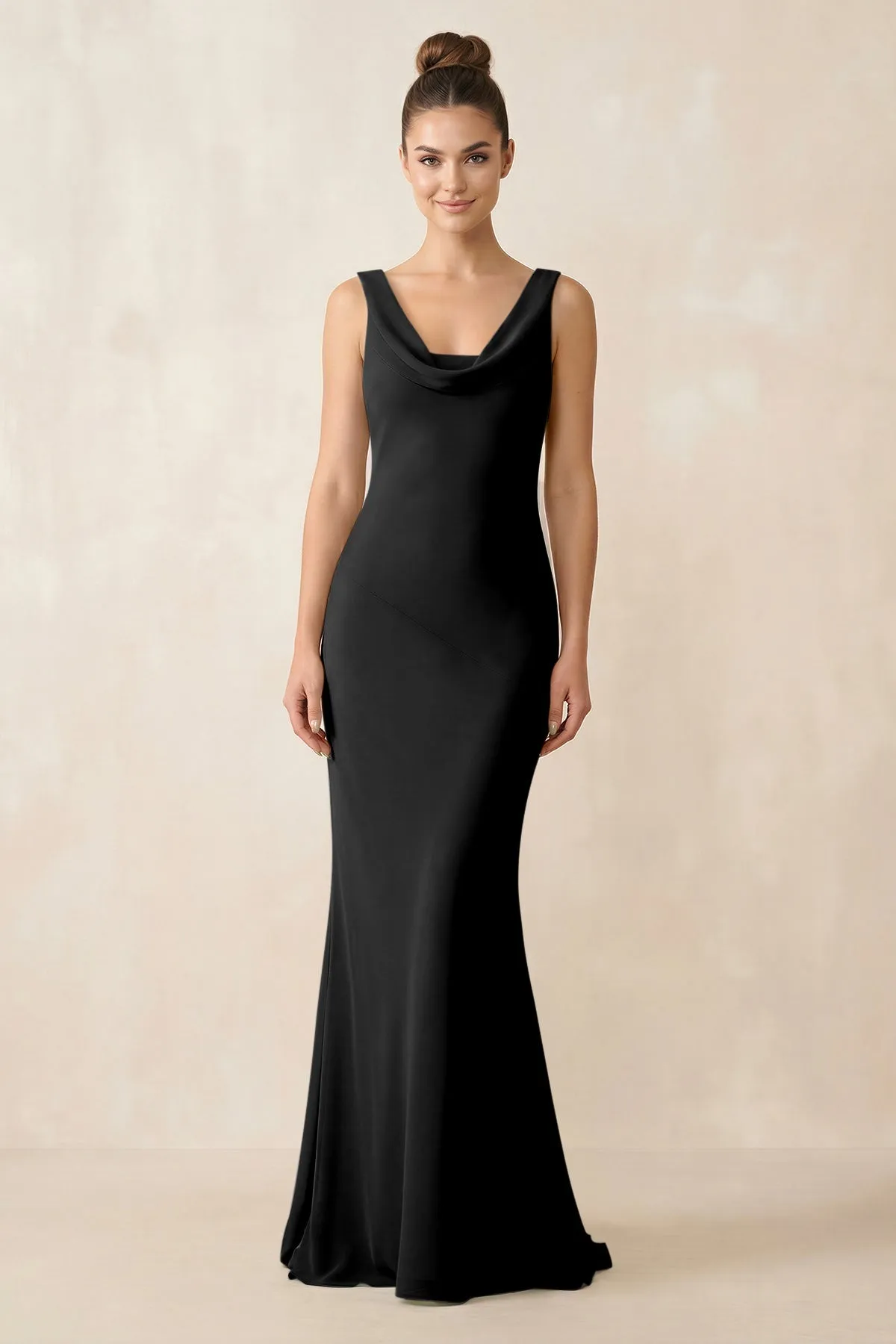 Cowl Neck Sheath Chiffon Bridesmaid Dress in Black sold by KissProm