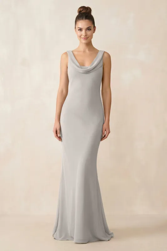 Cowl Neck Sheath Chiffon Bridesmaid Dress in Silver made by KissProm