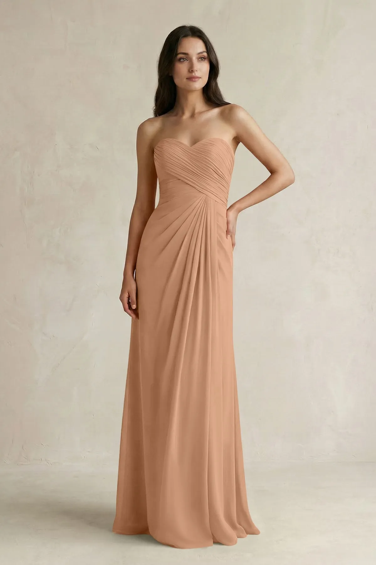 Sweetheart Chiffon Pleated Sheath Bridesmaid Dress in Bronzer sold by KissProm