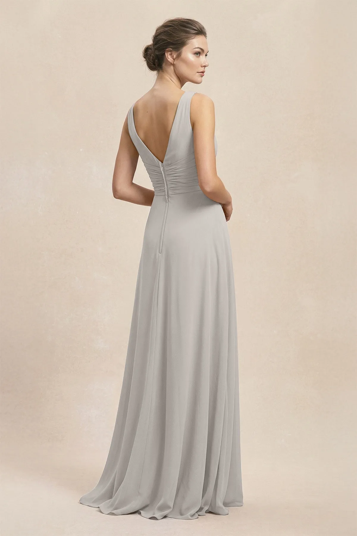 V-Neck Ruffled Ruched Chiffon A-Line Bridesmaid Dress in Silver sold by KissProm product image thumbnail 2