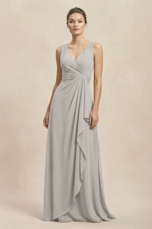 V-Neck Ruffled Ruched Chiffon A-Line Bridesmaid Dress in Silver made by KissProm