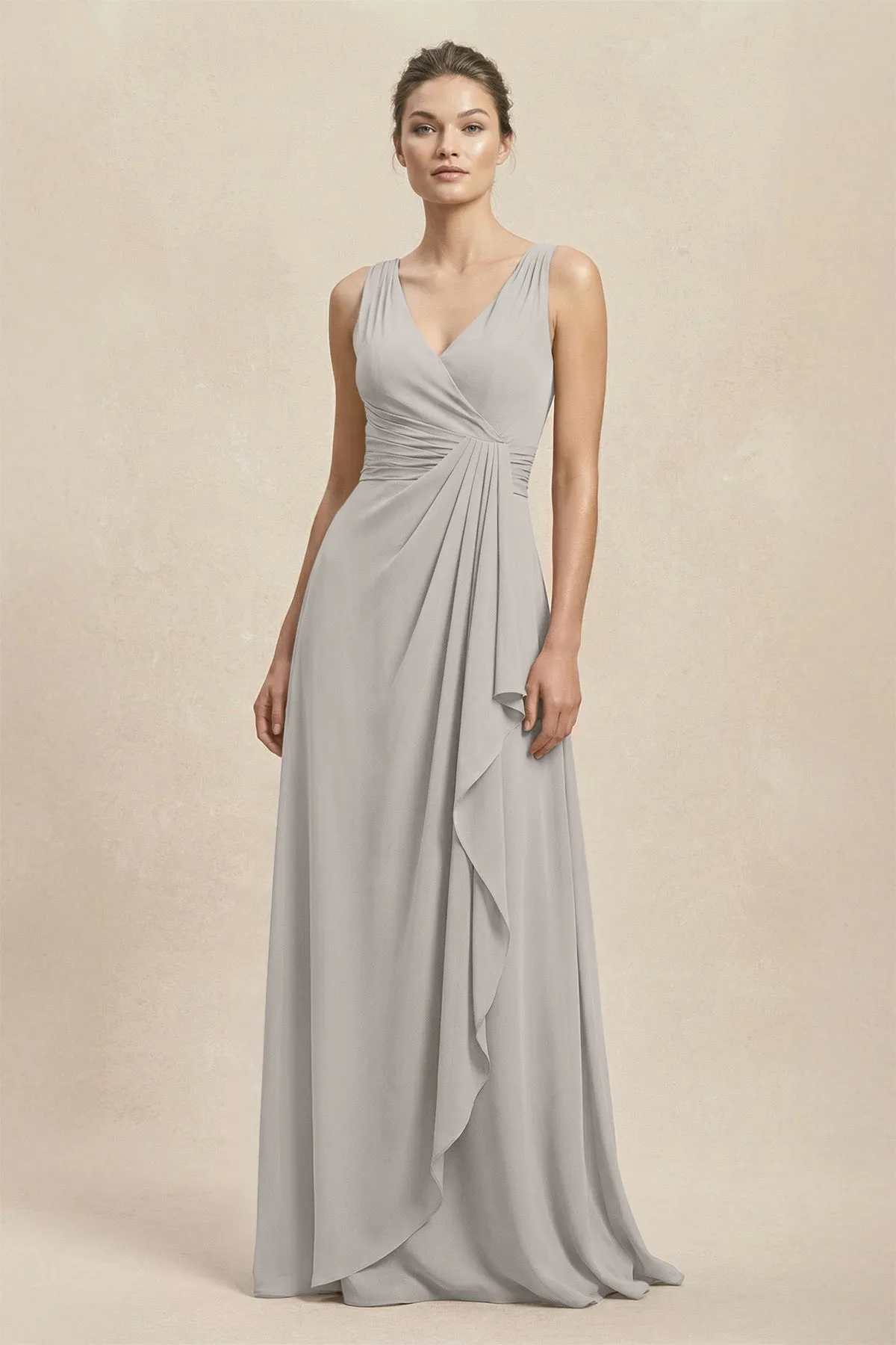 V-Neck Ruffled Ruched Chiffon A-Line Bridesmaid Dress in Silver sold by KissProm