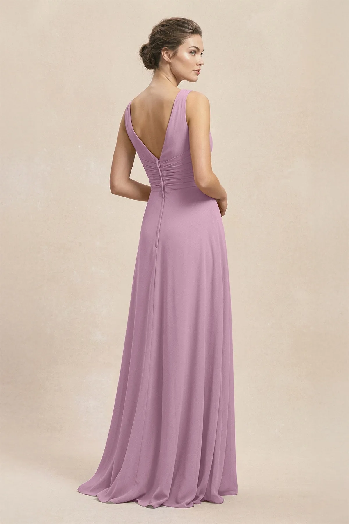 V-Neck Ruffled Ruched Chiffon A-Line Bridesmaid Dress in Wisteria sold by KissProm product image thumbnail 2