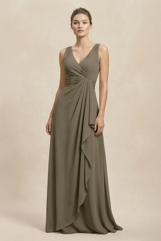 V-Neck Ruffled Ruched Chiffon A-Line Bridesmaid Dress in Willow Green made by KissProm