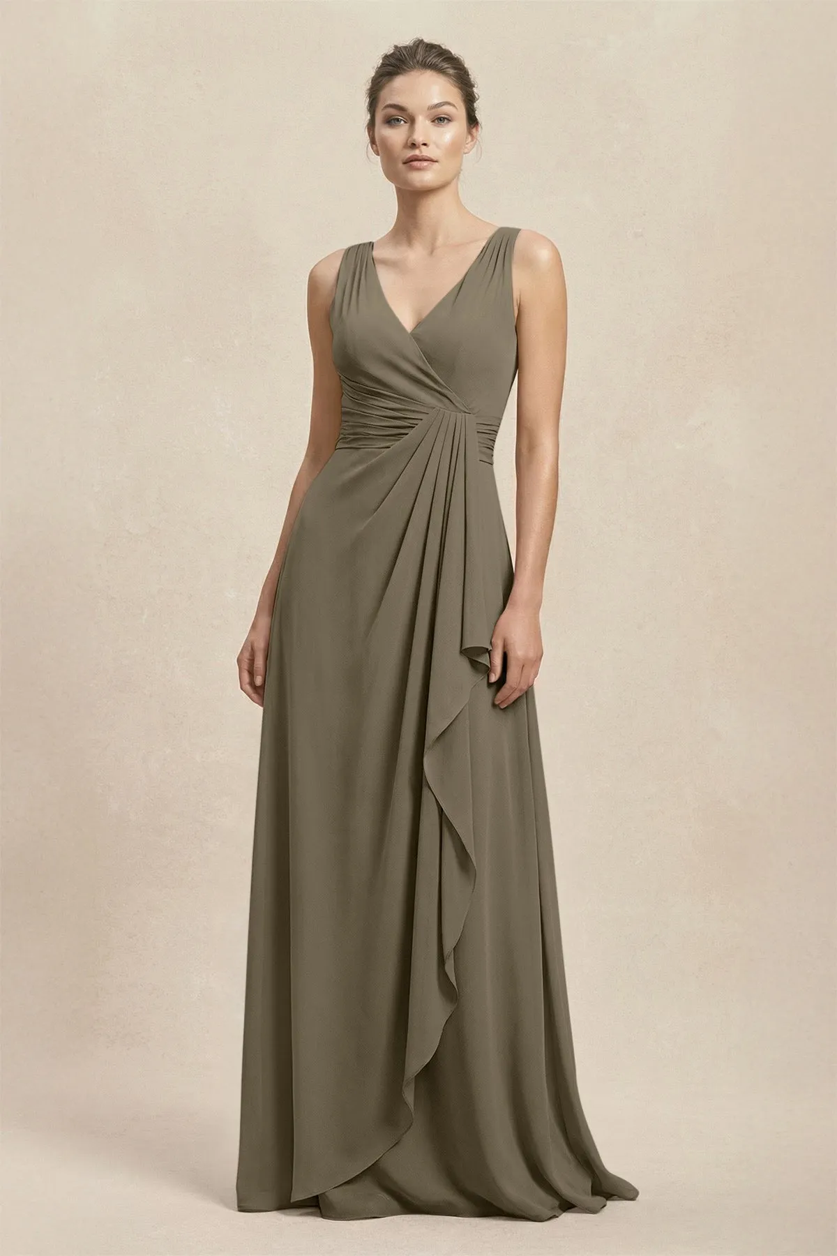 V-Neck Ruffled Ruched Chiffon A-Line Bridesmaid Dress in Willow Green sold by KissProm