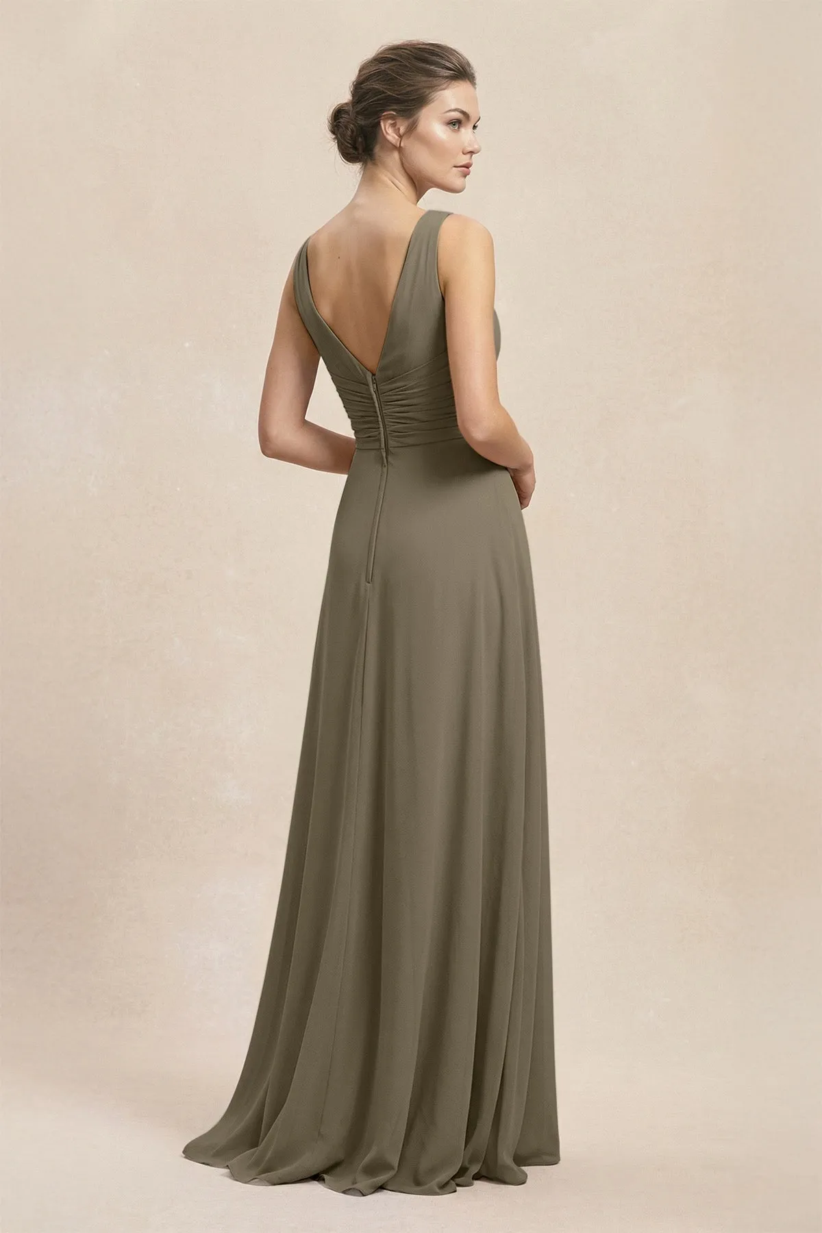 V-Neck Ruffled Ruched Chiffon A-Line Bridesmaid Dress in Willow Green sold by KissProm product image thumbnail 2