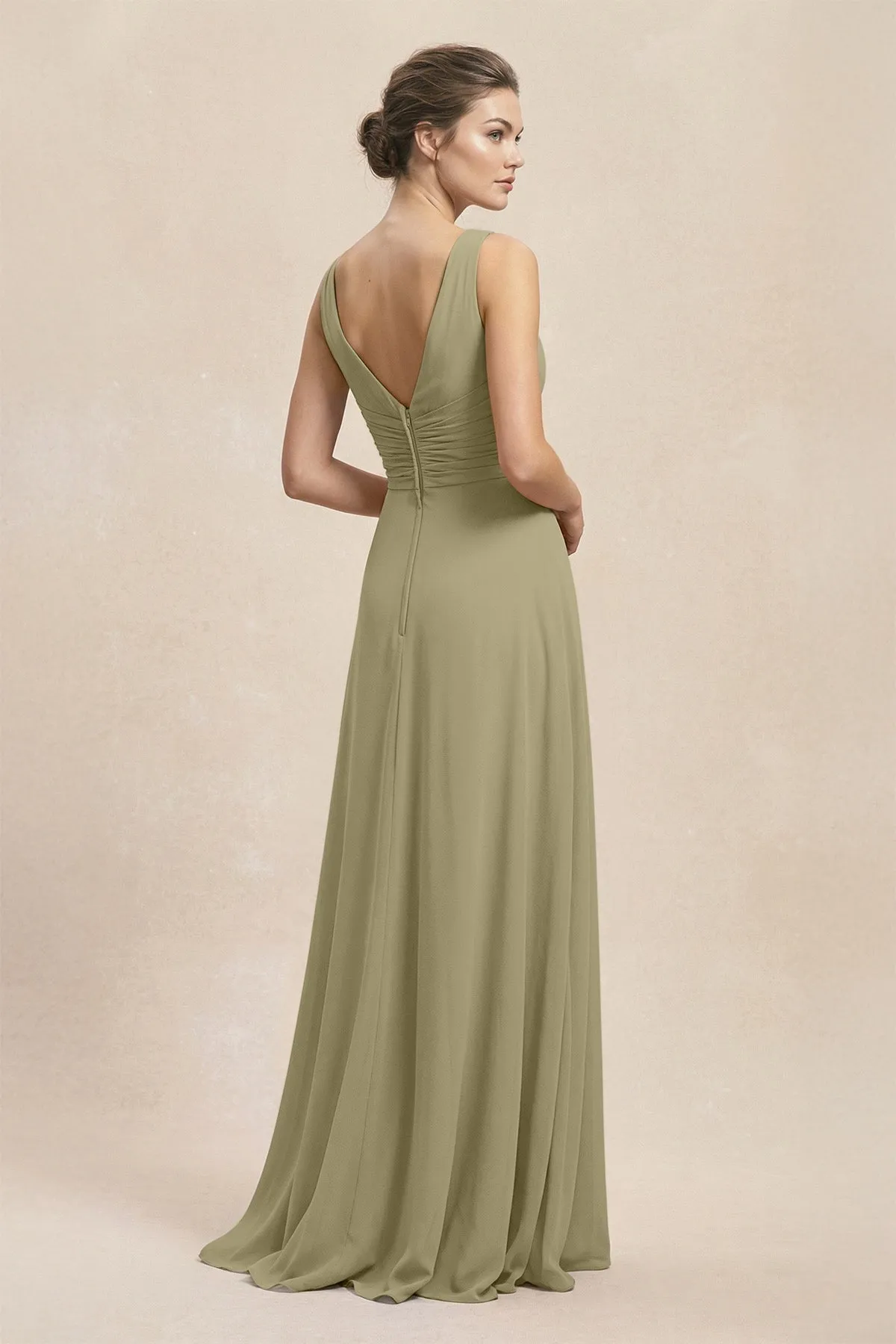 V-Neck Ruffled Ruched Chiffon A-Line Bridesmaid Dress in Thyme sold by KissProm product image thumbnail 2