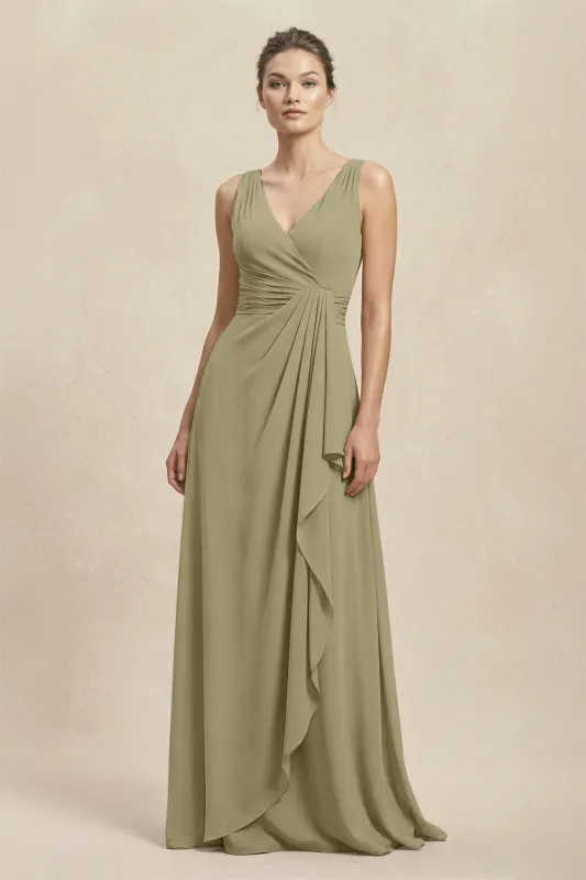 V-Neck Ruffled Ruched Chiffon A-Line Bridesmaid Dress in Thyme made by KissProm