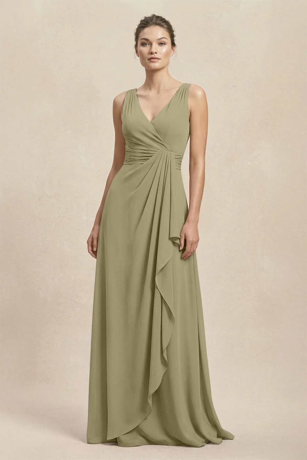 V-Neck Ruffled Ruched Chiffon A-Line Bridesmaid Dress in Thyme sold by KissProm