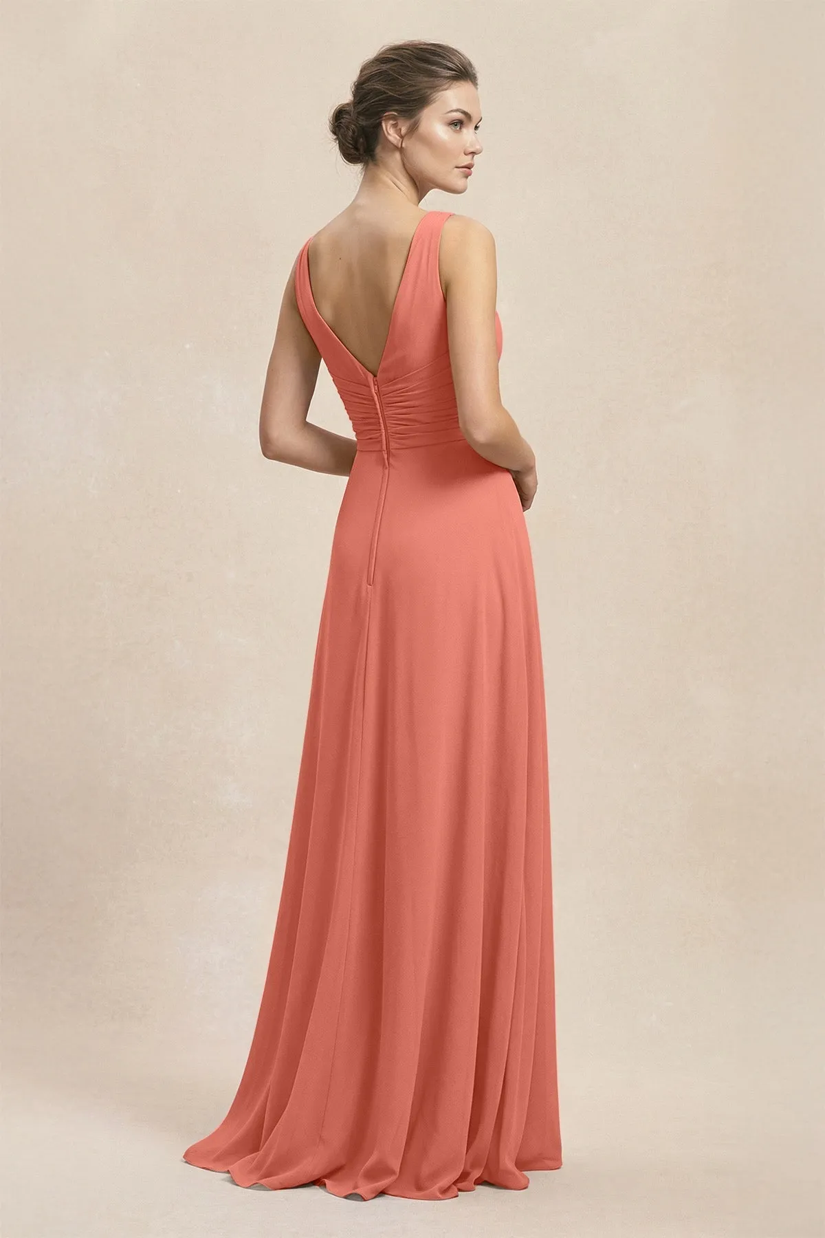 V-Neck Ruffled Ruched Chiffon A-Line Bridesmaid Dress in Wild Rose sold by KissProm product image thumbnail 2