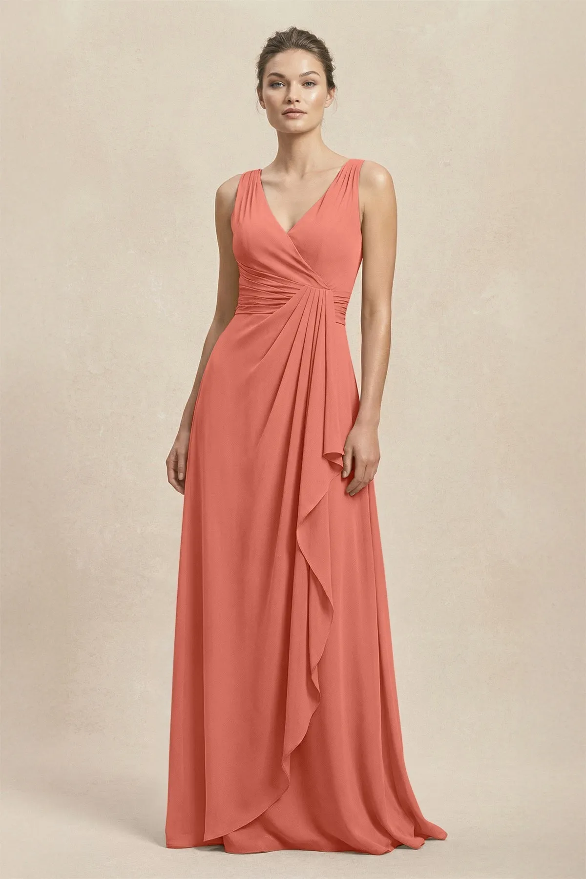 V-Neck Ruffled Ruched Chiffon A-Line Bridesmaid Dress in Wild Rose sold by KissProm