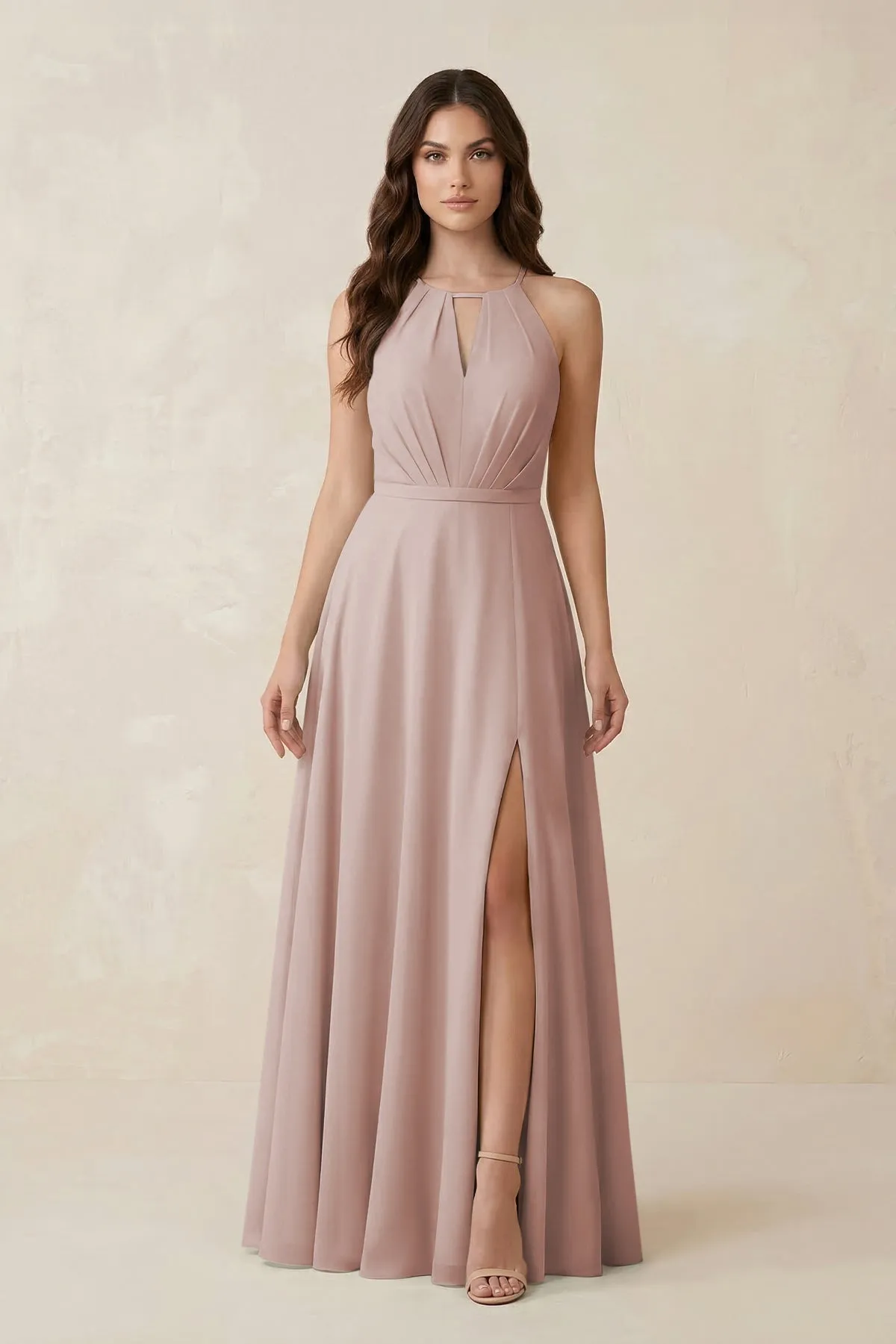 Halter A-Line Chiffon Bridesmaid Dress With Slit in Toffee sold by KissProm