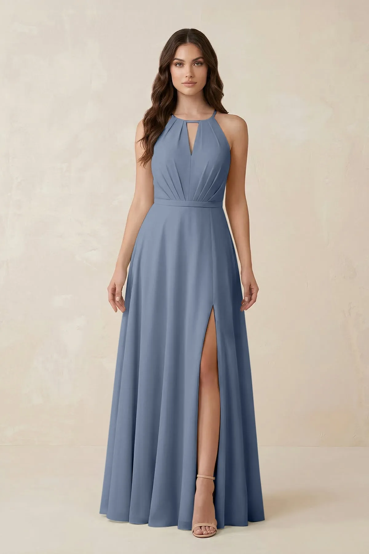 Halter A-Line Chiffon Bridesmaid Dress With Slit in Neptune sold by KissProm