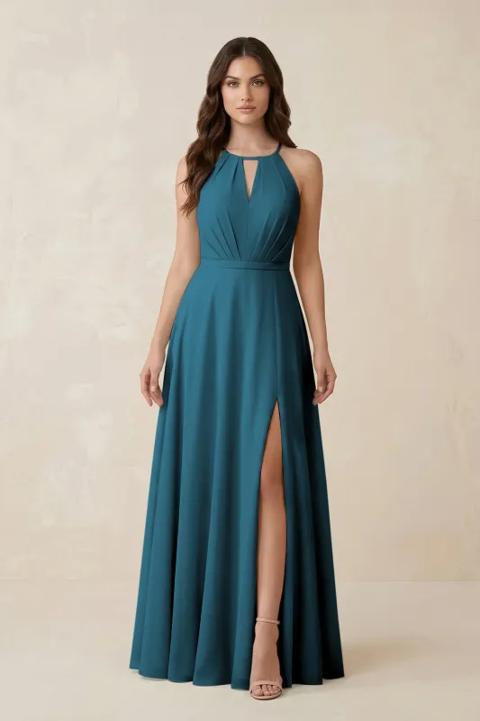 Halter A-Line Chiffon Bridesmaid Dress With Slit in Dark Teal made by KissProm