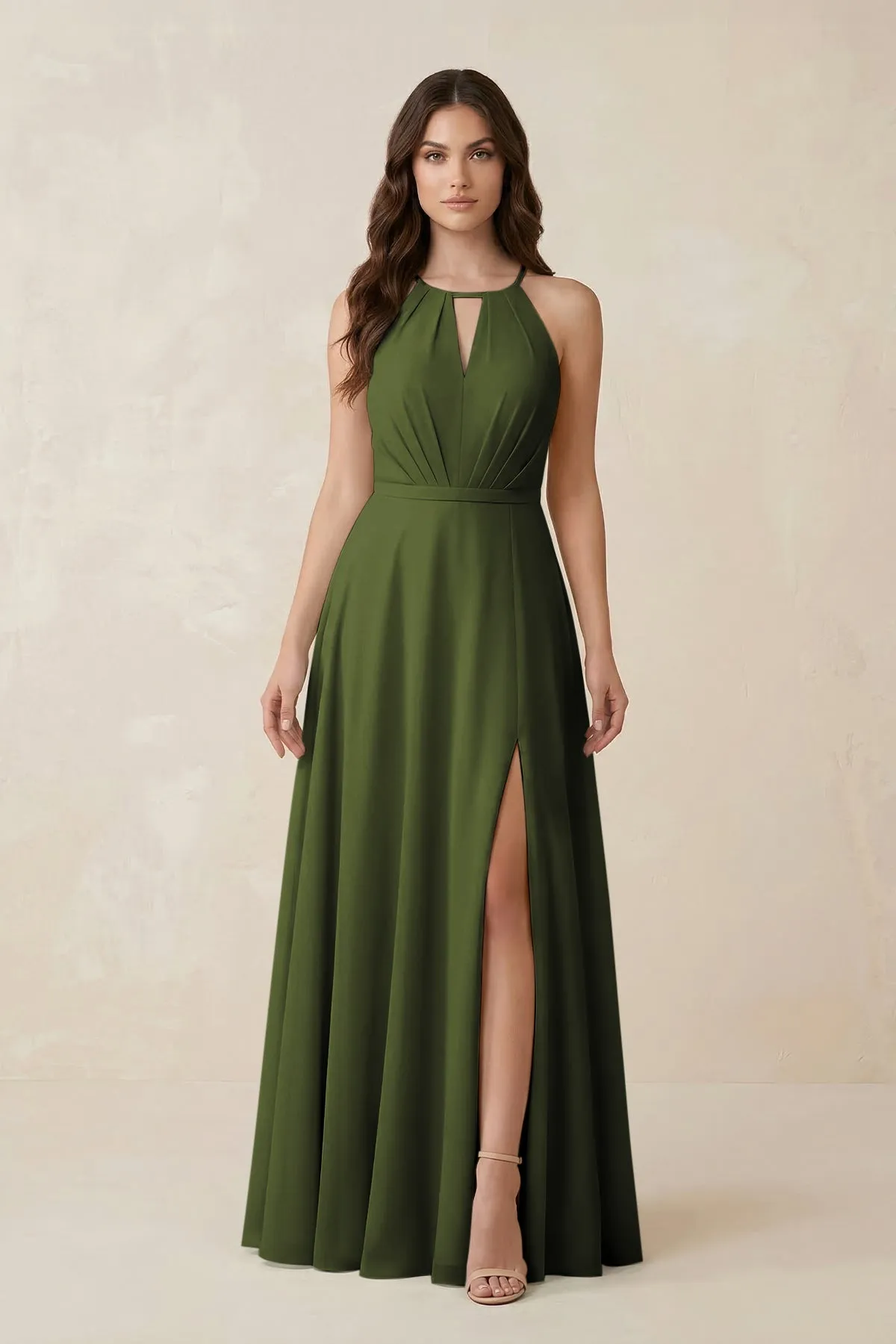 Halter A-Line Chiffon Bridesmaid Dress With Slit in Olive sold by KissProm