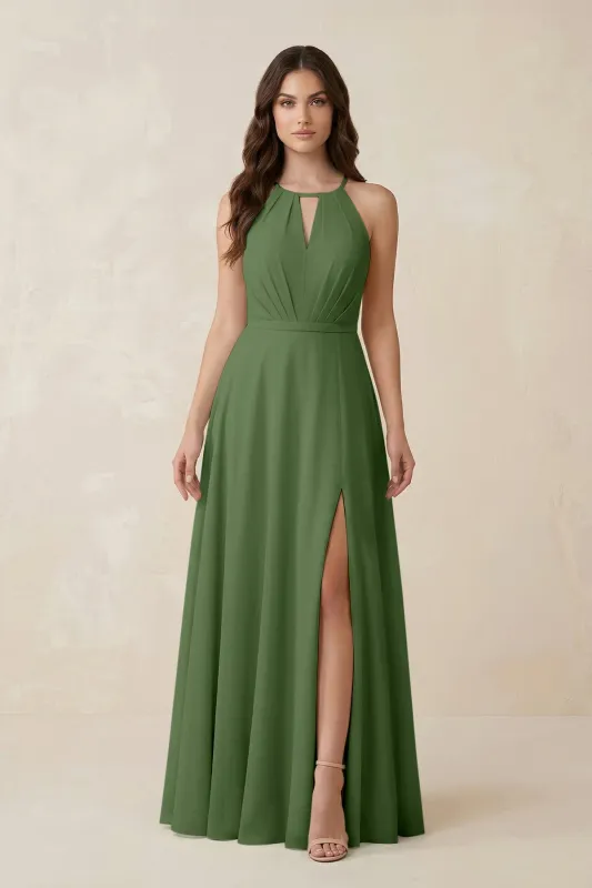 Halter A-Line Chiffon Bridesmaid Dress With Slit in Moss made by KissProm