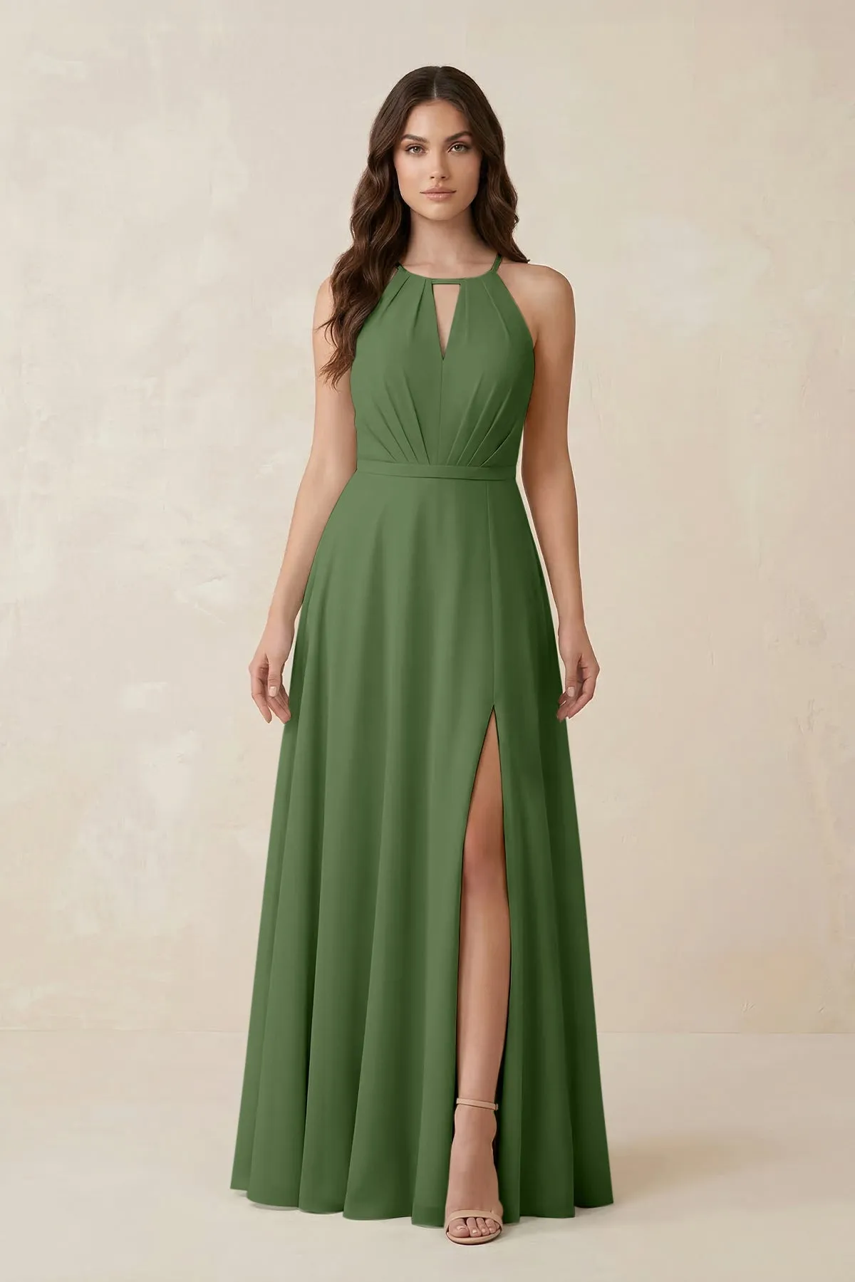 Halter A-Line Chiffon Bridesmaid Dress With Slit in Moss sold by KissProm