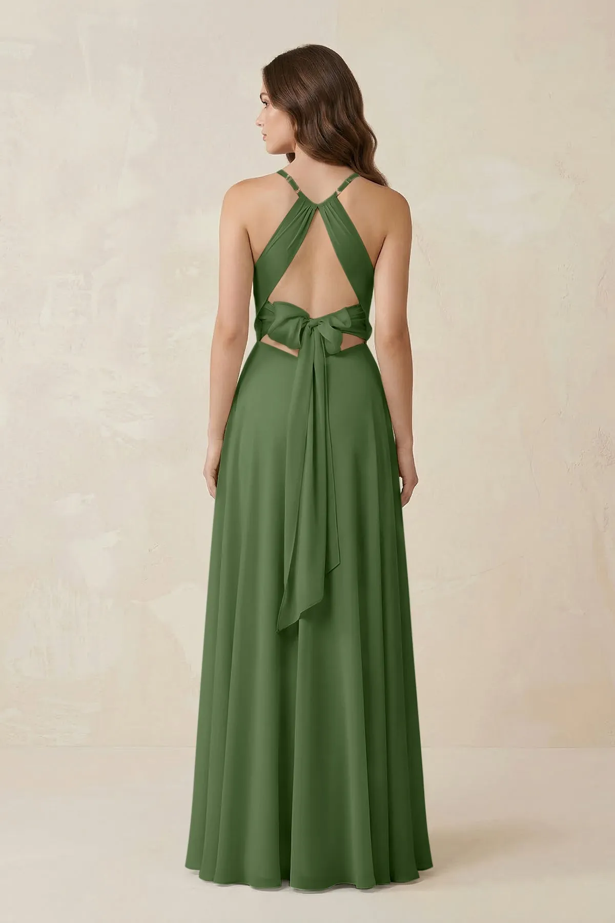 Halter A-Line Chiffon Bridesmaid Dress With Slit in Moss sold by KissProm product image thumbnail 2