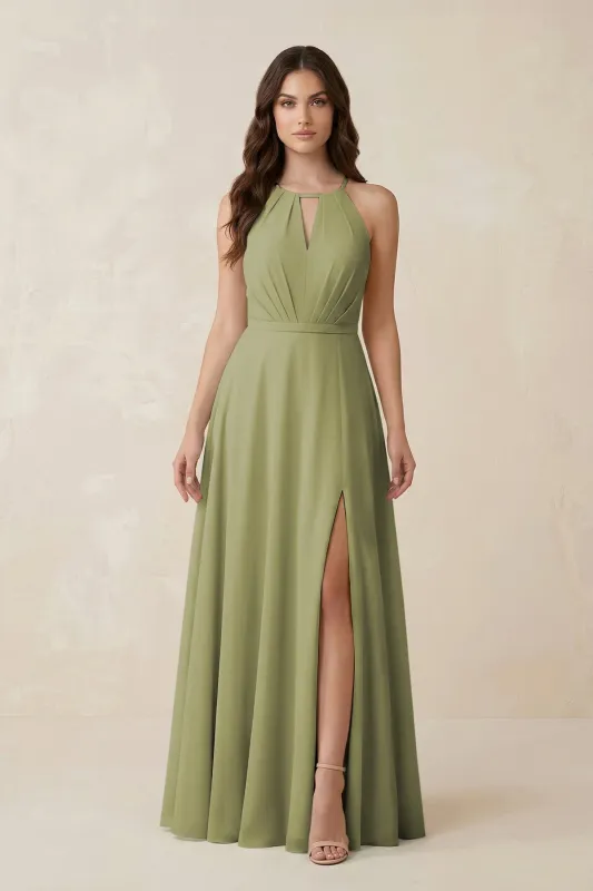 Halter A-Line Chiffon Bridesmaid Dress With Slit in Moss Green made by KissProm