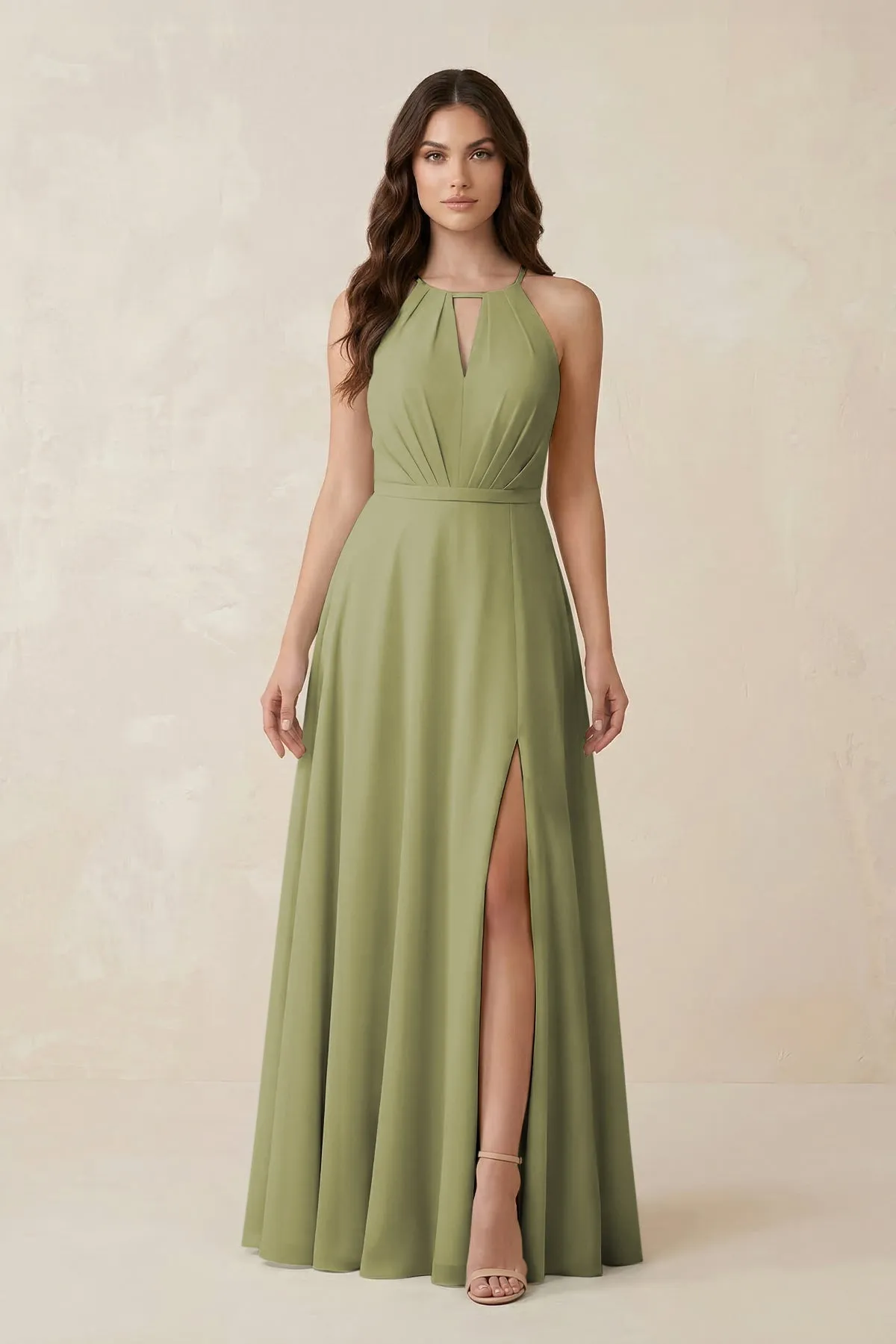 Halter A-Line Chiffon Bridesmaid Dress With Slit in Moss Green sold by KissProm