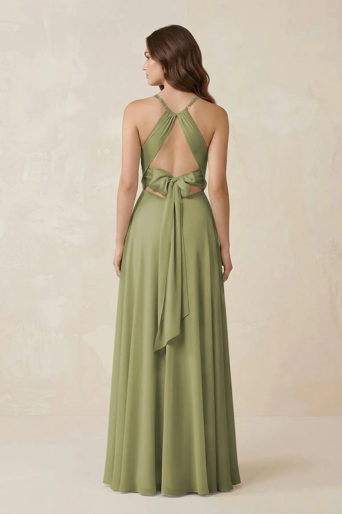 Halter A-Line Chiffon Bridesmaid Dress With Slit in Moss Green sold by KissProm product image thumbnail 2