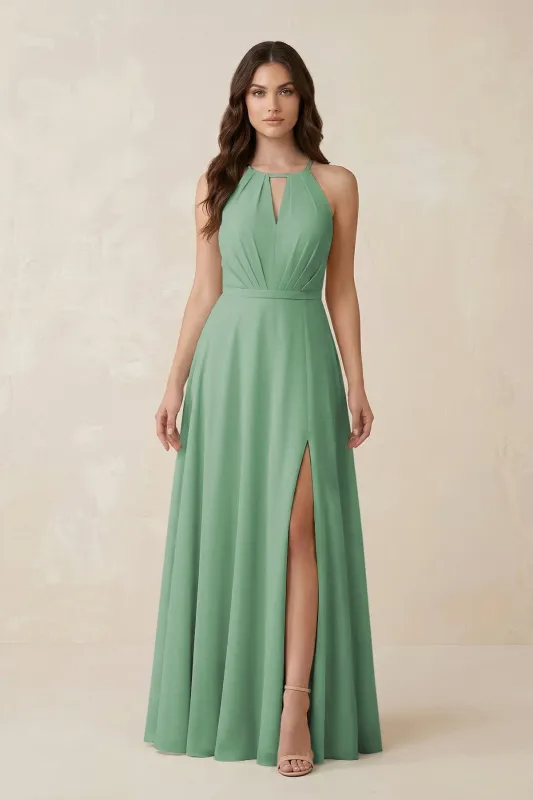 Halter A-Line Chiffon Bridesmaid Dress With Slit in Sea Glass made by KissProm