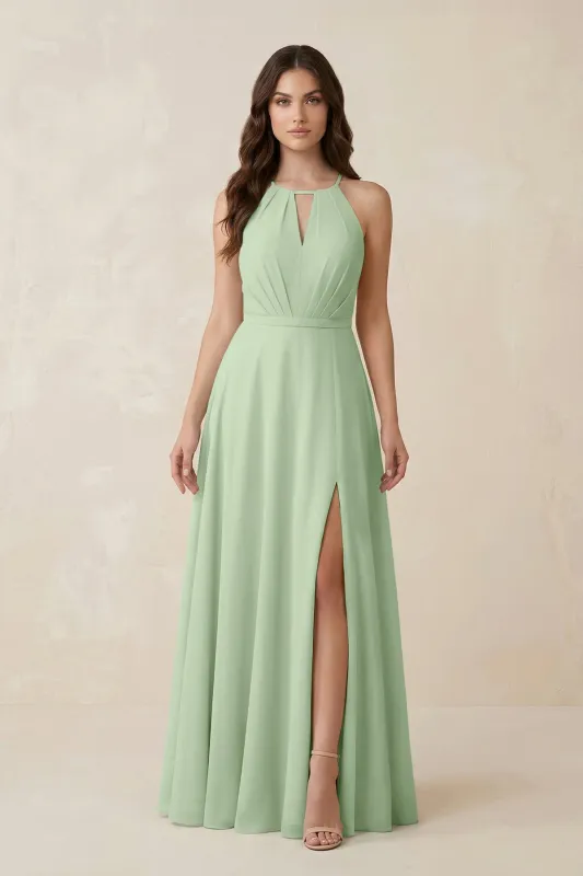 Halter A-Line Chiffon Bridesmaid Dress With Slit in Sage made by KissProm