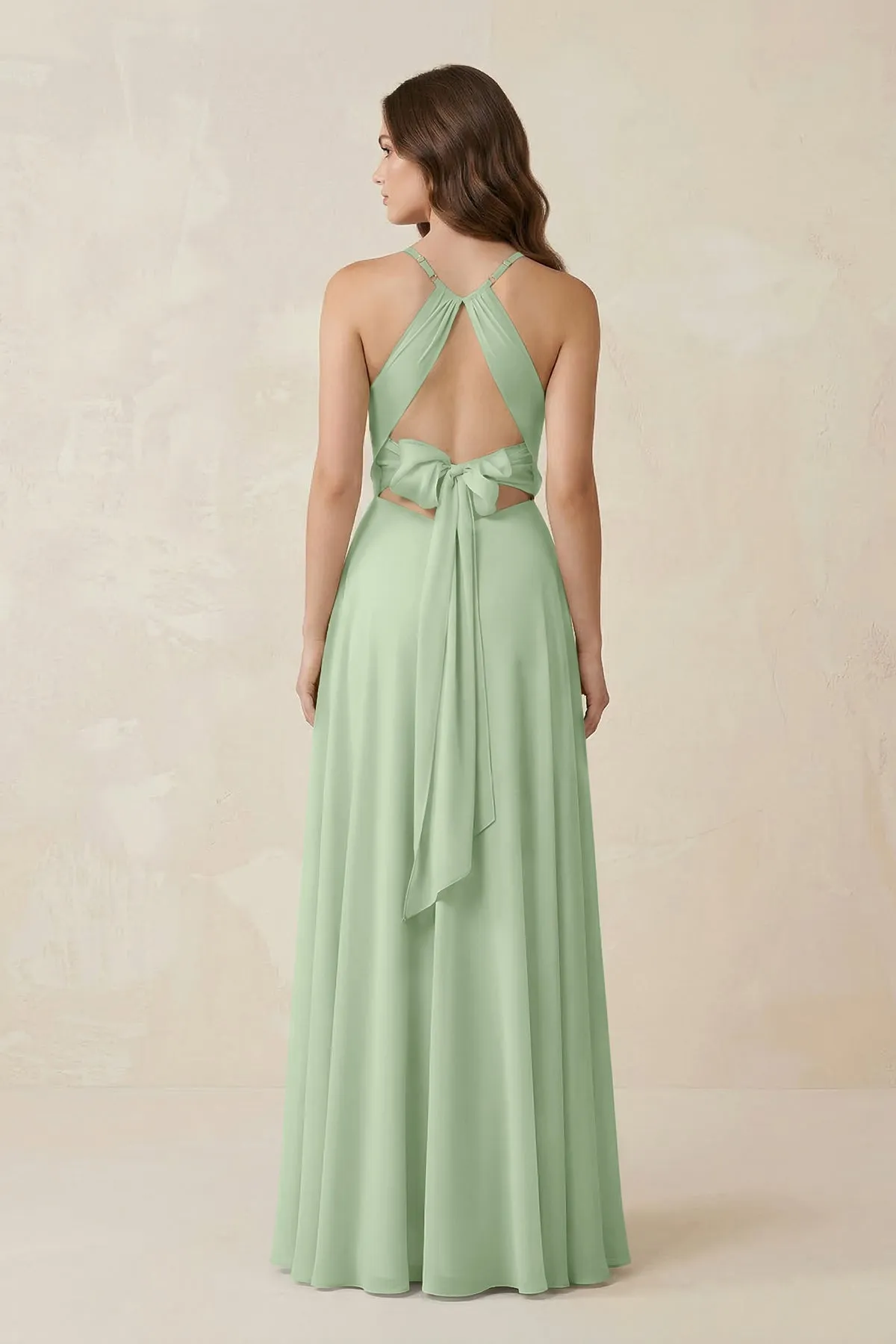 Halter A-Line Chiffon Bridesmaid Dress With Slit in Sage sold by KissProm product image thumbnail 2