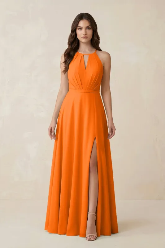 Halter A-Line Chiffon Bridesmaid Dress With Slit in Cinnamon made by KissProm