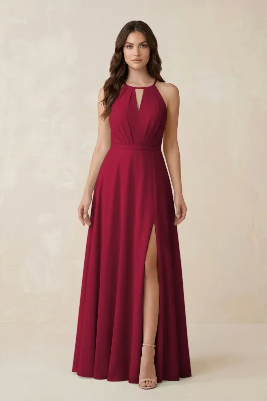 Halter A-Line Chiffon Bridesmaid Dress With Slit in Berry made by KissProm