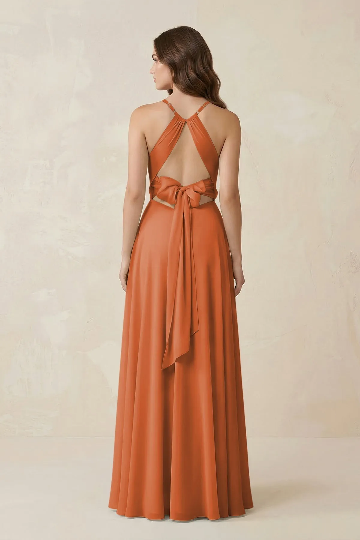 Halter A-Line Chiffon Bridesmaid Dress With Slit in Terracotta sold by KissProm product image thumbnail 2