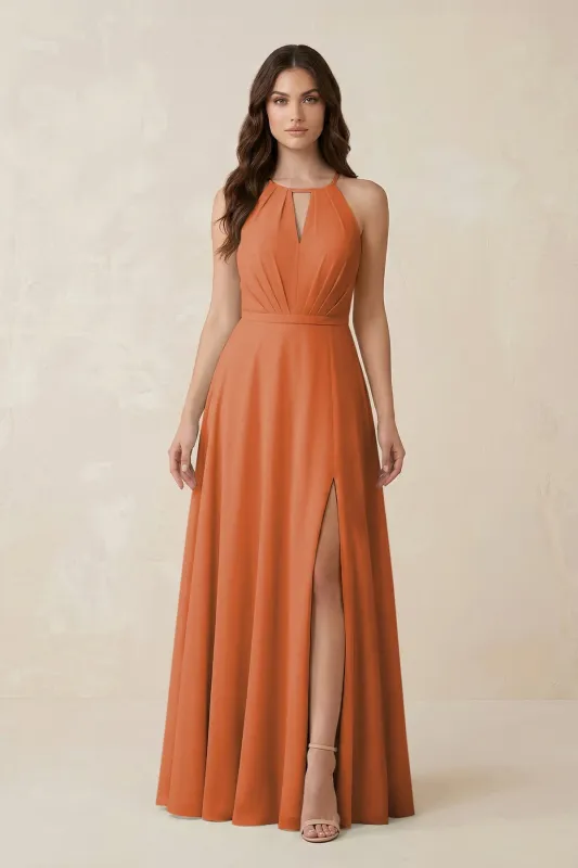 Halter A-Line Chiffon Bridesmaid Dress With Slit in Terracotta made by KissProm