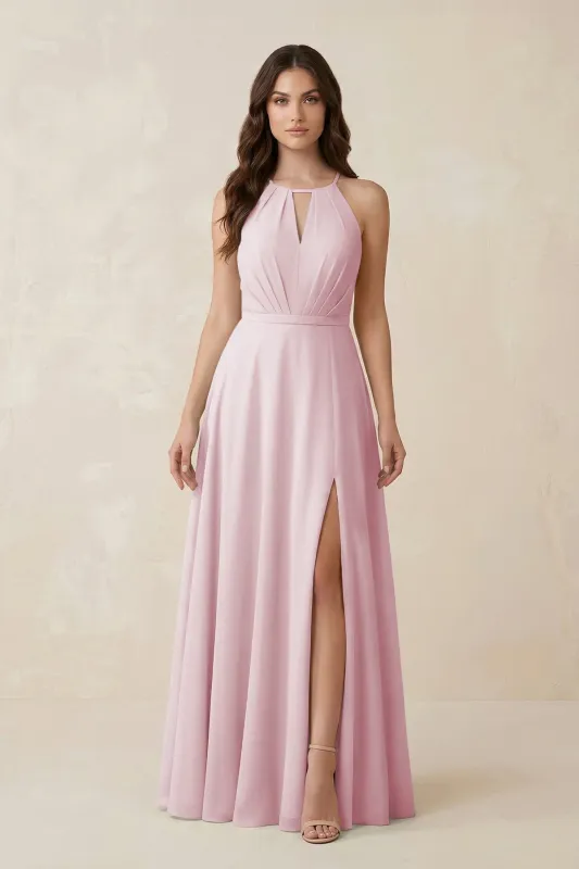 Halter A-Line Chiffon Bridesmaid Dress With Slit in Candy Pink made by KissProm