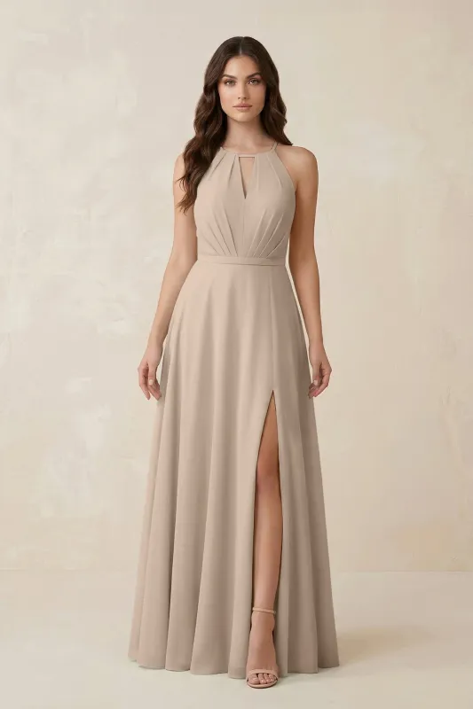 Halter A-Line Chiffon Bridesmaid Dress With Slit in Almond made by KissProm