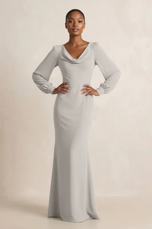 Long Sleeve V-Neck Sheath Chiffon Bridesmaid Dress in Silver made by KissProm