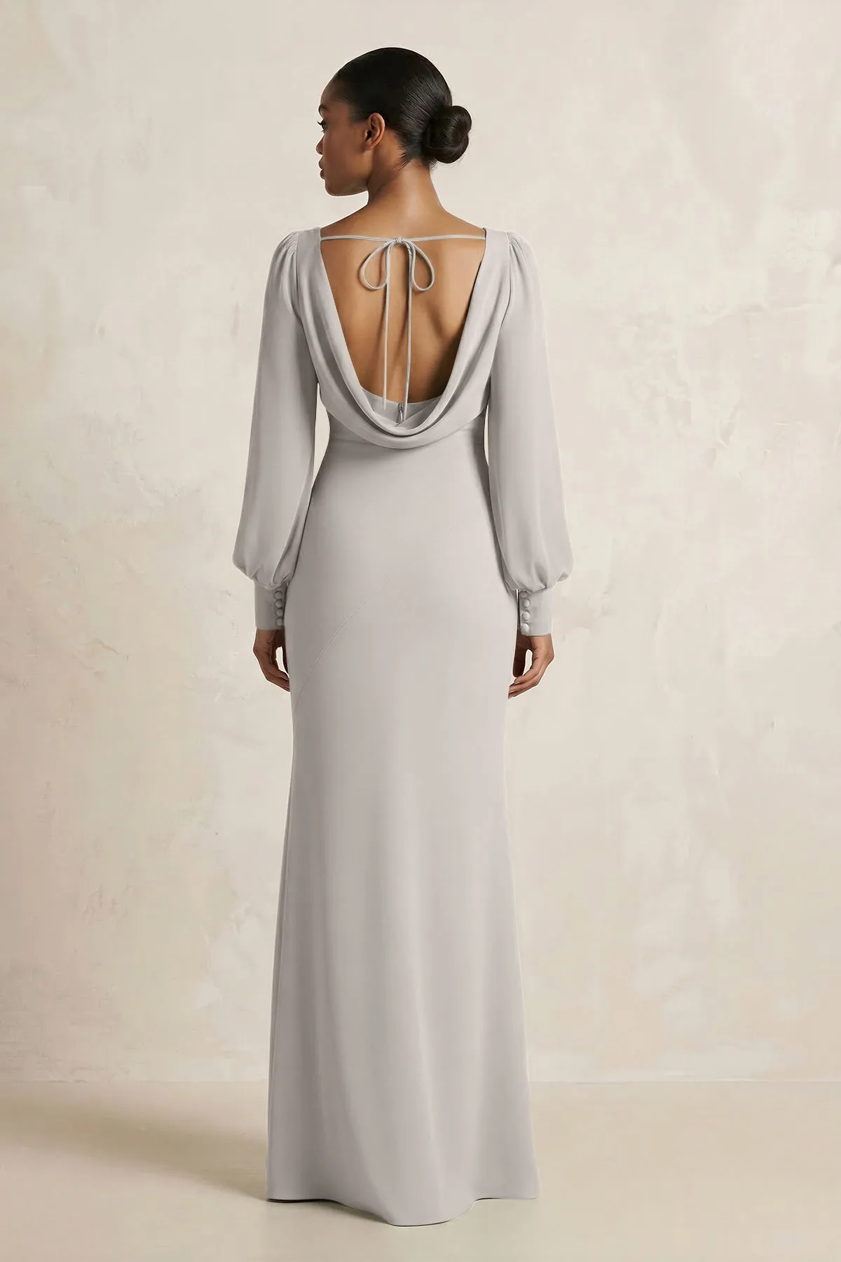 Long Sleeve V-Neck Sheath Chiffon Bridesmaid Dress in Silver sold by KissProm product image thumbnail 2