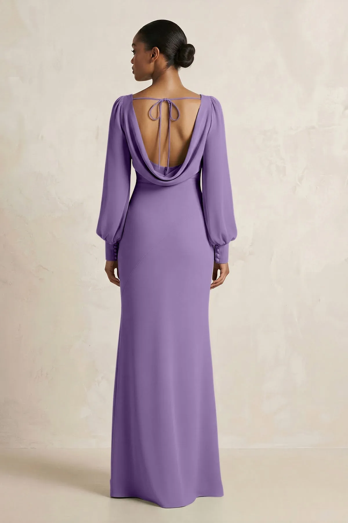 Long Sleeve V-Neck Sheath Chiffon Bridesmaid Dress in Tahiti sold by KissProm product image thumbnail 2